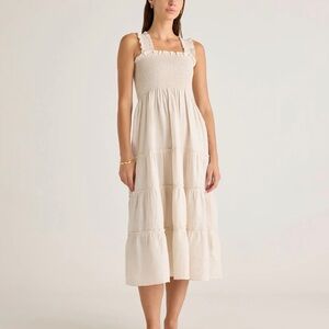 Quince 100% European Linen Smocked Square-Neck Midi Dress in Cream